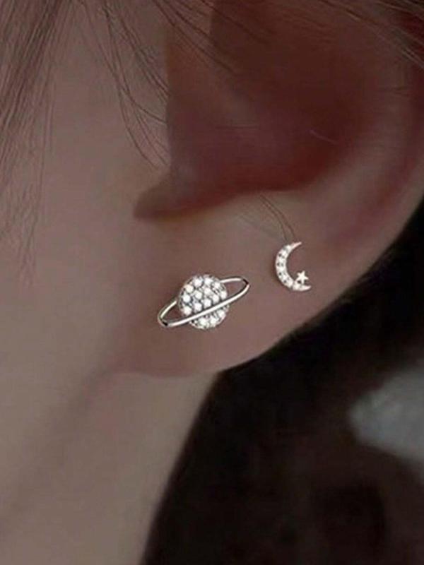 Fashionable Asymmetric Moon & Star Design Earrings,  Rhinestone Decor Stud Earrings, Elegant All-match Jewelry for Girls Gift, Female Classic Fashion Accessories for Daily Wear