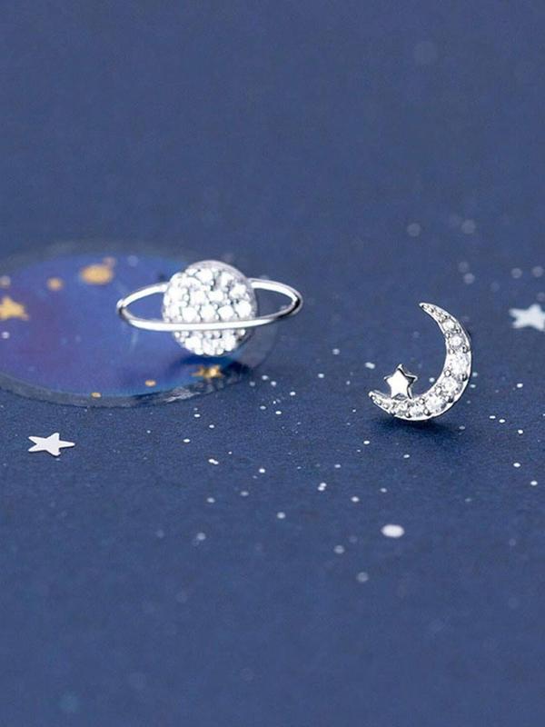 Fashionable Asymmetric Moon & Star Design Earrings,  Rhinestone Decor Stud Earrings, Elegant All-match Jewelry for Girls Gift, Female Classic Fashion Accessories for Daily Wear