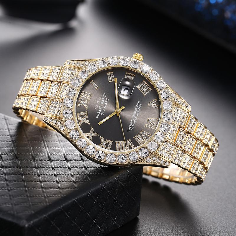 Men's Luxury Rhinestone DecoratedRound Dial Quartz Watch, Fashionable Exquisite Back ToSchool Wristwatch, Trendy Watch forParty, Daily Clothing Decor AsBoyfriend Gifts, Fall Outfits, FallFreshness Fall, 80s Fashion