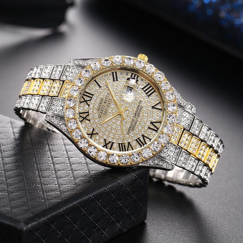 Men's Luxury Rhinestone DecoratedRound Dial Quartz Watch, Fashionable Exquisite Back ToSchool Wristwatch, Trendy Watch forParty, Daily Clothing Decor AsBoyfriend Gifts, Fall Outfits, FallFreshness Fall, 80s Fashion