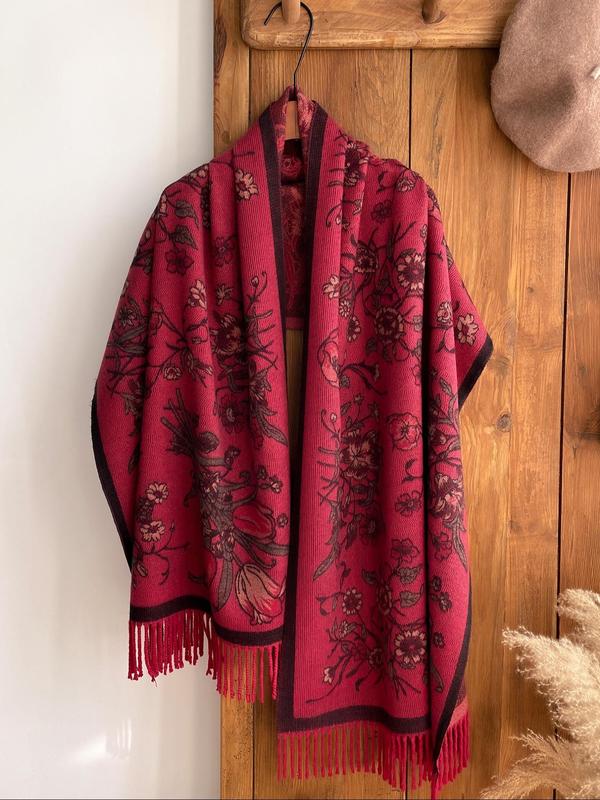 2024 New Style Floral Print Tassel Decor Scarf, Casual Soft Warm Shawl for Women & Men, Fashion Accessories for Fall & Winter Dainty Gift for Your Love