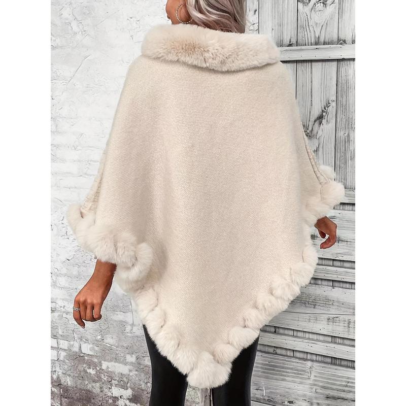 Solid Waffle Grid Fuzzy Trim Poncho, Elegant Thermal Hanky Hem Crew Neck Cape For Fall & Winter, Women's Clothing