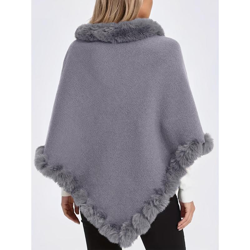 Solid Waffle Grid Fuzzy Trim Poncho, Elegant Thermal Hanky Hem Crew Neck Cape For Fall & Winter, Women's Clothing