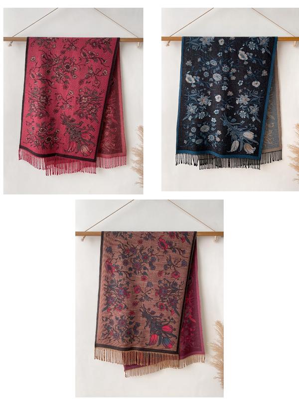 2024 New Style Floral Print Tassel Decor Scarf, Casual Soft Warm Shawl for Women & Men, Fashion Accessories for Fall & Winter Dainty Gift for Your Love