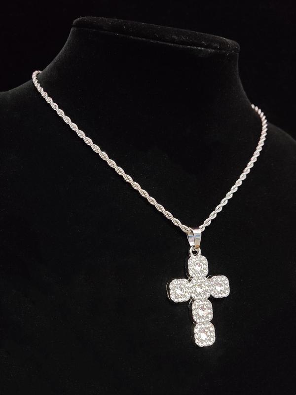 Summer Rhinestone Decor Cross Necklace for Men & Women, Stainless Steel Charm Necklace for Daily Wear, Hip Hop Trendy Iced Out Jewelry