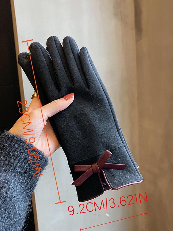 Women's Solid Color Bow Decor Full Finger Gloves, Casual Trendy Warm Gloves for Fall & Winter, Fashionable Gloves for Daily Use