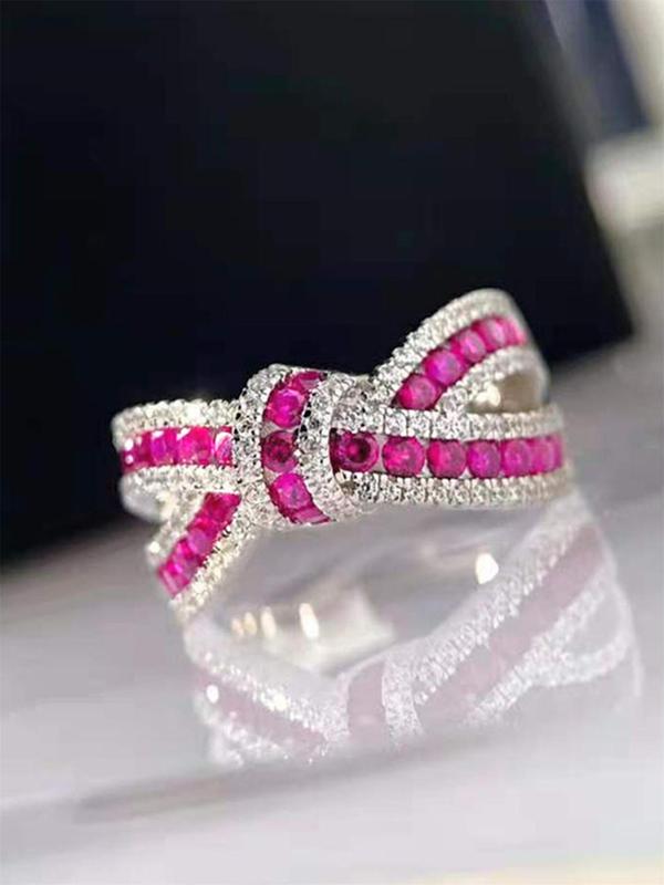 Women's Elegant Rhinestone Decor Bowknot Design Ring, Luxury Exquisite Trendy Engagement Ring, Chic Gorgeous Jewelry As Birthday Gift for Girlfriend