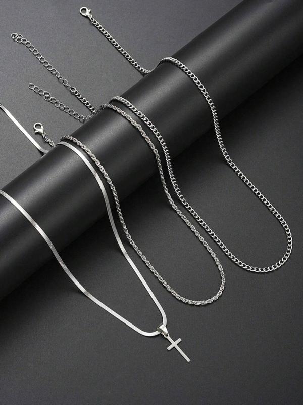 Men's Minimalist Stainless Steel Cross Pendant Necklace & Bracelet, Casual Jewelry Set for Party, Daily Clothing Decor, Trendy All-match & Exquisite Jewelry for Gift