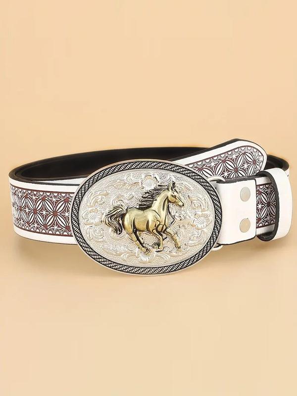 Western Cowboy Style Horse Buckle Belt, Vintage Floral Embossed Western Belt for Women, Fashion Accessories for Daily Wear