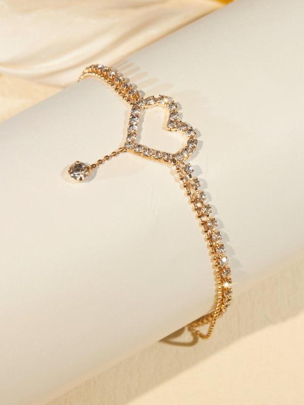 Rhinestone Heart Decorated Double Layer Anklet for Women, Foot Jewelry for Summer Beach, Exquisite Anklet for Birthday Gifts