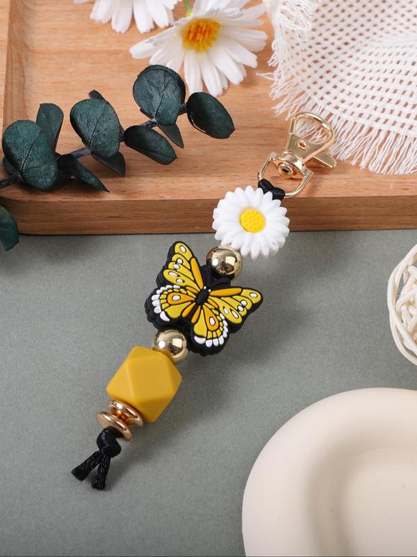 Cute Butterfly & Flower Design Beaded Keychain, Fashionable Silicone Beaded Keychain for Women & Girls, Trendy All-match Keychain for Birthday Gift