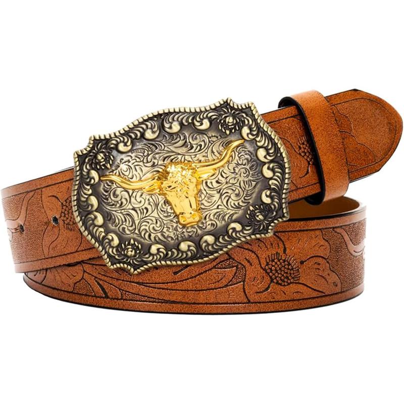 Women Western Cowboy BeltMen Country Cowgirl BeltPU Leather Longhorn Bull Turquoise Belt Embossed Buckle Belt for Jeans Pants Dresses(Fit for  34