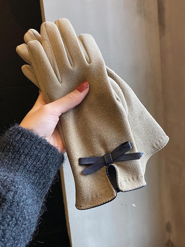 Women's Solid Color Bow Decor Full Finger Gloves, Casual Trendy Warm Gloves for Fall & Winter, Fashionable Gloves for Daily Use