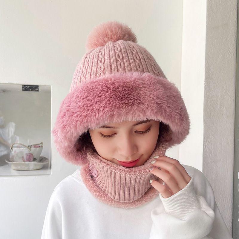 Womens Knit Beanie Hat Fleece Lined Winter Scarf Mask SetCaps Plush Earmuff  Hats with Pompom