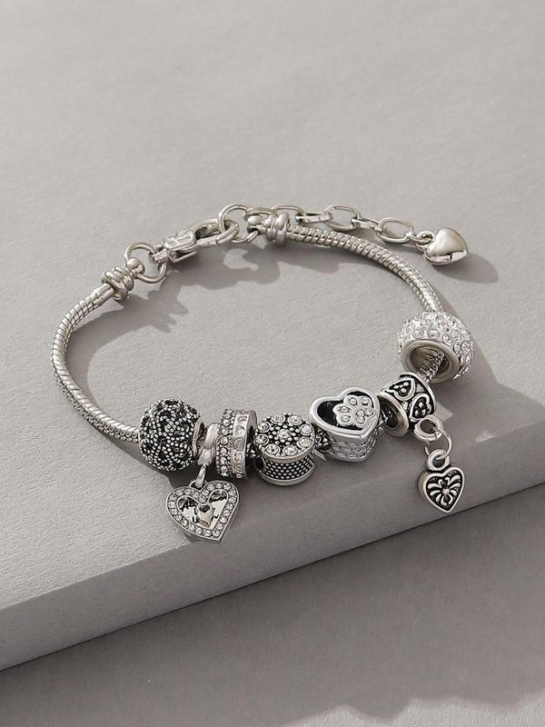 Stylish Hollow out Design Beaded Bracelet for Girlfriend, Elegant Rhinestone Inlaid Heart Charm Matching Bracelet, Fashion Accessories for Women & Girls