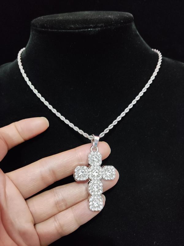 Summer Rhinestone Decor Cross Necklace for Men & Women, Stainless Steel Charm Necklace for Daily Wear, Hip Hop Trendy Iced Out Jewelry