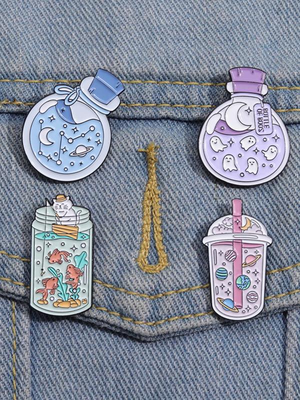 4pcs set Cute Cartoon Space Galaxy Planet Bottleenamel Brooch Pin, Casual Jewelry for Party, Daily Clothing Decor