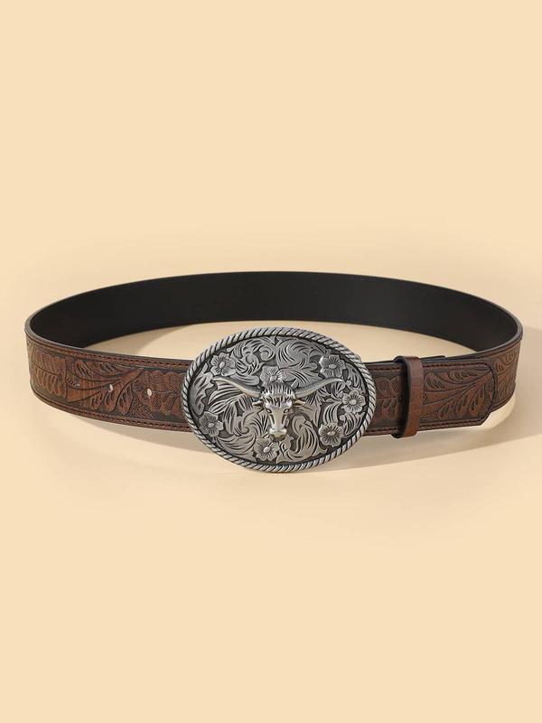 Random Western Vintage Pattern Decorative Belt for Men and Women, Fashion Buckle Adjustable PU Leather Western Belts