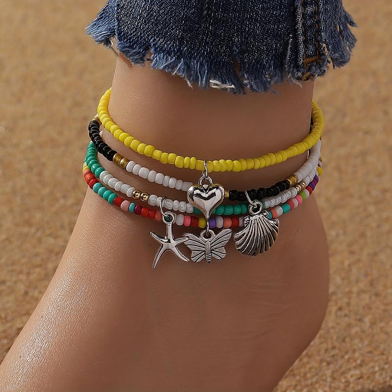 4 PCs Beaded Ankle Bracelet Colorful Bead Adjustable Anklet Chain Suit Bohemian Jewelry Summer Beach Decoration