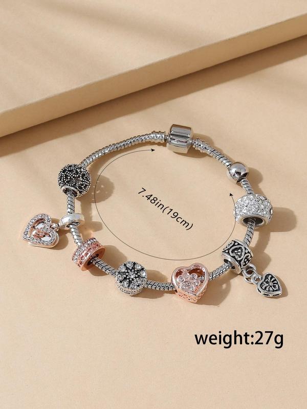 Stylish Hollow out Design Beaded Bracelet for Girlfriend, Elegant Rhinestone Inlaid Heart Charm Matching Bracelet, Fashion Accessories for Women & Girls