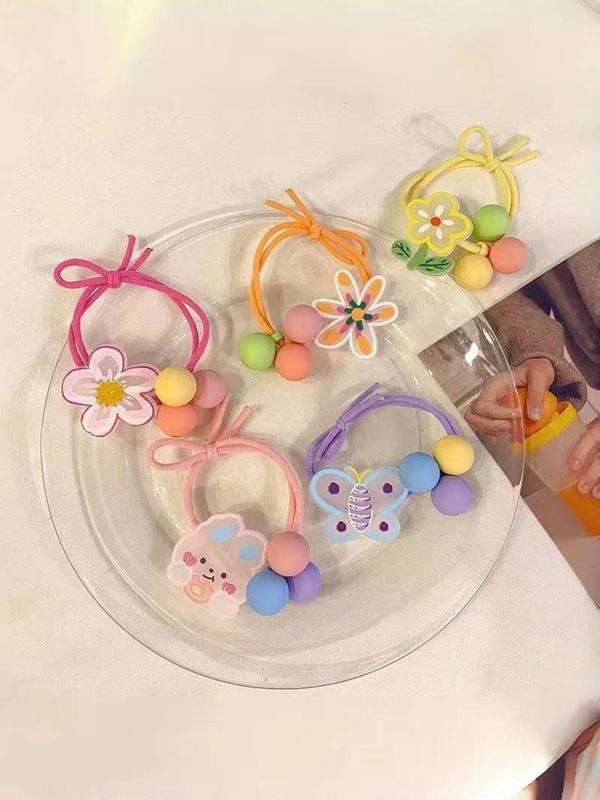 Cute Cartoon Beaded Decor Hair Tie, 5 Counts Colorful Hair Ties, High Stretch Hair Scrunchies, Fashion Hair Accessories for Women & Girls