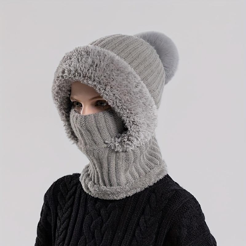 Womens Knit Beanie Hat Fleece Lined Winter Scarf Mask SetCaps Plush Earmuff  Hats with Pompom