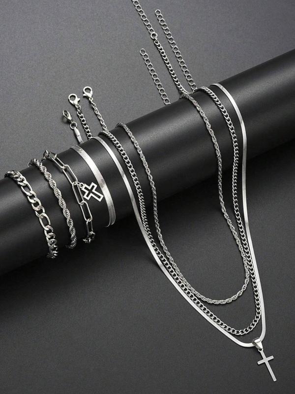 Men's Minimalist Stainless Steel Cross Pendant Necklace & Bracelet, Casual Jewelry Set for Party, Daily Clothing Decor, Trendy All-match & Exquisite Jewelry for Gift