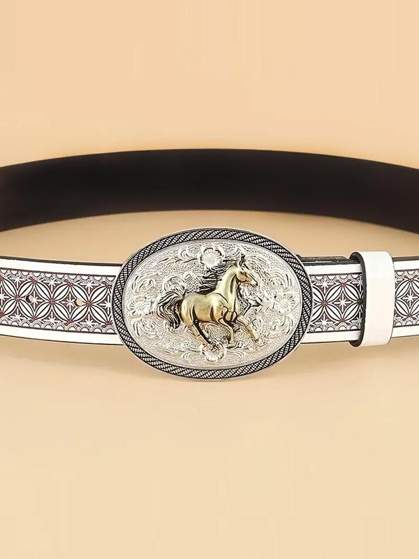 Western Cowboy Style Horse Buckle Belt, Vintage Floral Embossed Western Belt for Women, Fashion Accessories for Daily Wear