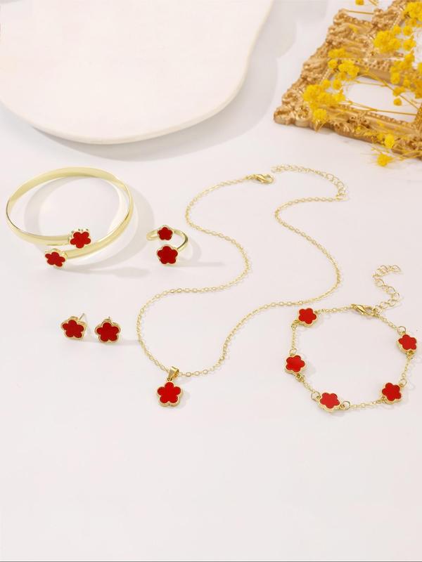 Women's Elegant Flower Design Pendant Necklace & Link Bracelet & Cuff Bangle & Ring & Stud Earrings, Trendy All-match & Exquisite Jewelry Set for Birthday Gift