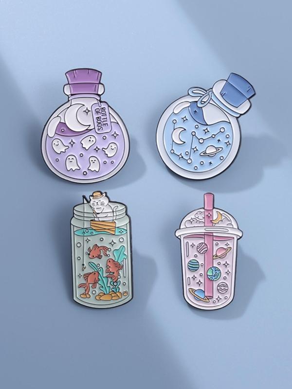 4pcs set Cute Cartoon Space Galaxy Planet Bottleenamel Brooch Pin, Casual Jewelry for Party, Daily Clothing Decor