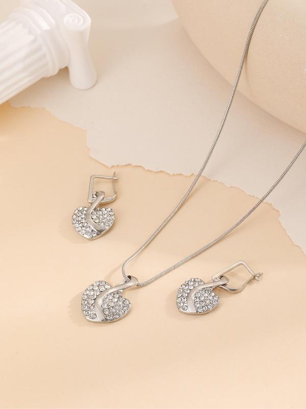 Women's Elegant Rhinestone Decorated Heart Design Pendant Necklace & Dangle Earrings, Exquisite Trendy Jewelry Set, Cute Jewelry Set As Gift for Girlfriend