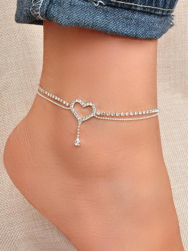 Rhinestone Heart Decorated Double Layer Anklet for Women, Foot Jewelry for Summer Beach, Exquisite Anklet for Birthday Gifts