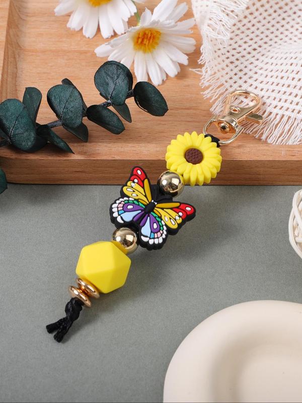 Cute Butterfly & Flower Design Beaded Keychain, Fashionable Silicone Beaded Keychain for Women & Girls, Trendy All-match Keychain for Birthday Gift