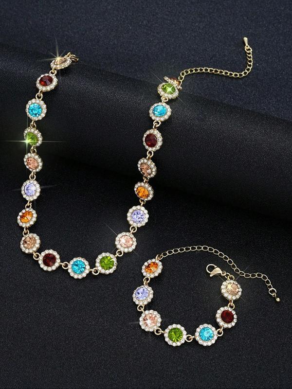 Women's Elegant Rhinestone Decorated Necklace & Bracelet, Exquisite Trendy Jewelry Set, Fashionable Accessories for Party & Daily Clothing Decor