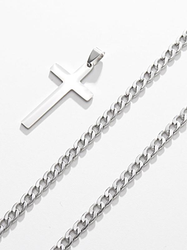 Men's Simple Style Plain Color Cross Necklace & Chain Necklace Set, Casual Trendy Necklace for Party & Daily Clothing Decor, Exquisite Jewelry for Gift