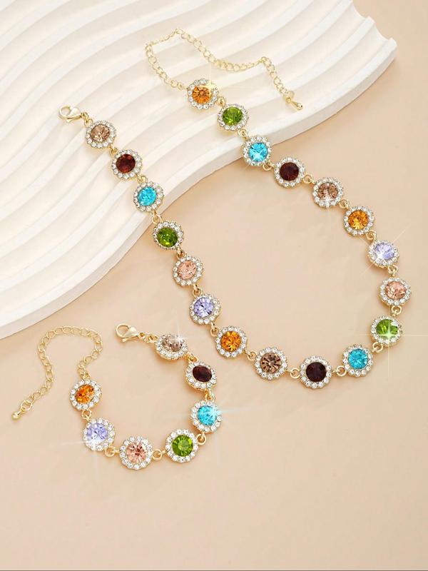 Women's Elegant Rhinestone Decorated Necklace & Bracelet, Exquisite Trendy Jewelry Set, Fashionable Accessories for Party & Daily Clothing Decor