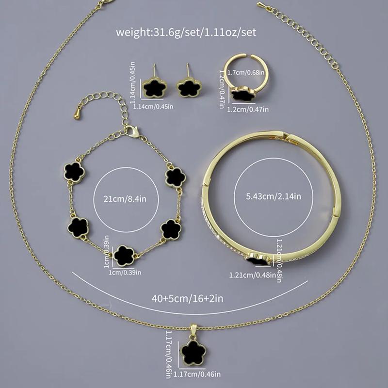 Women's Elegant Flower Design Jewelry Set (6pcs set), Trendy Exquisite Pendant Necklace &Stud Earrings & Cuff Ring & Bracelet & Bangle Jewelry Set, Fashionable Jewelry Set As Gift Without Box