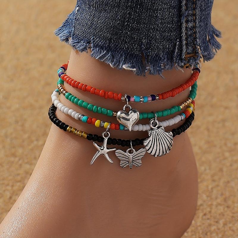 4 PCs Beaded Ankle Bracelet Colorful Bead Adjustable Anklet Chain Suit Bohemian Jewelry Summer Beach Decoration