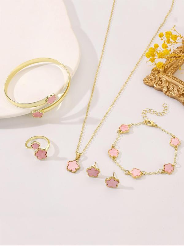 Women's Elegant Flower Design Pendant Necklace & Link Bracelet & Cuff Bangle & Ring & Stud Earrings, Trendy All-match & Exquisite Jewelry Set for Birthday Gift