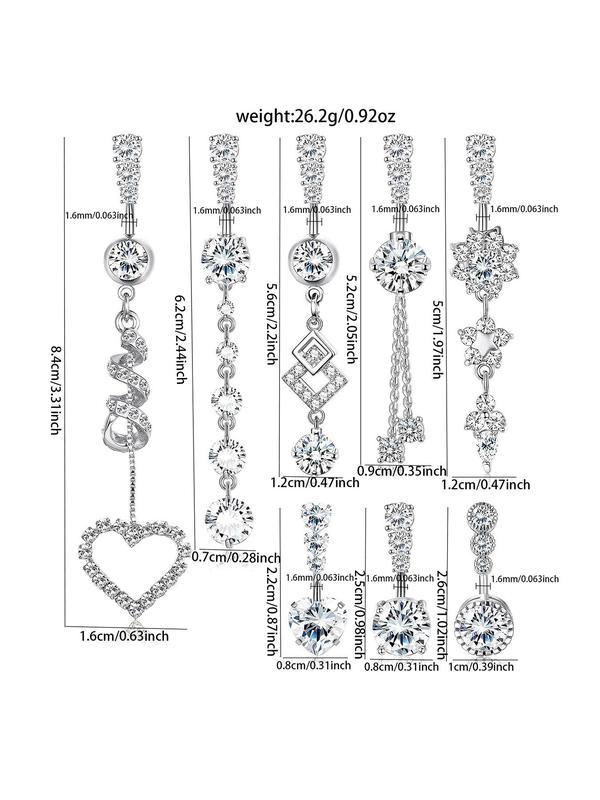 Women's Elegant Rhinestone Decor Belly Rings, Trendy Exquisite Heart & Geometric Design Belly Piercing Jewelry, Chic Body Jewelry for Party Decor