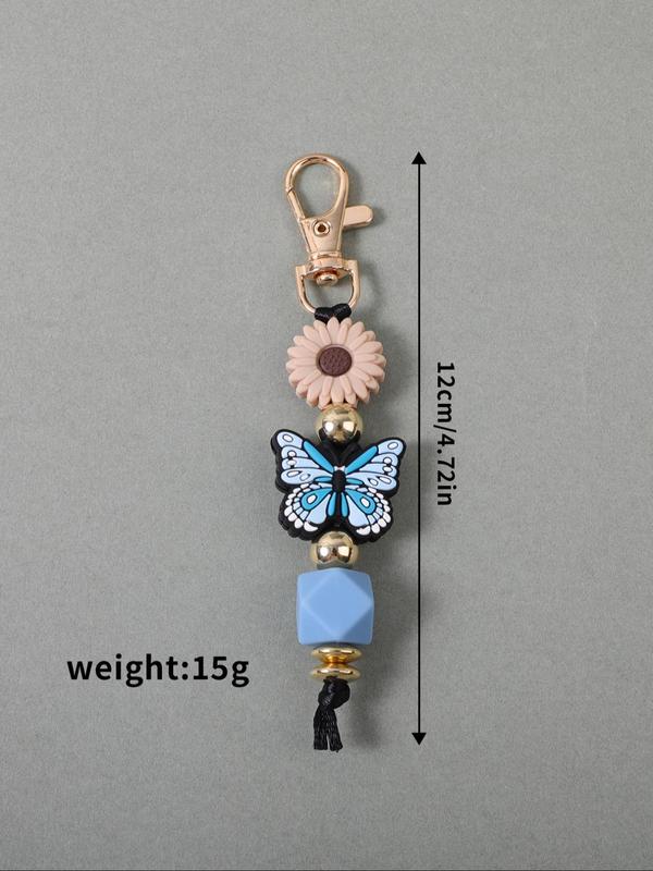 Cute Butterfly & Flower Design Beaded Keychain, Fashionable Silicone Beaded Keychain for Women & Girls, Trendy All-match Keychain for Birthday Gift