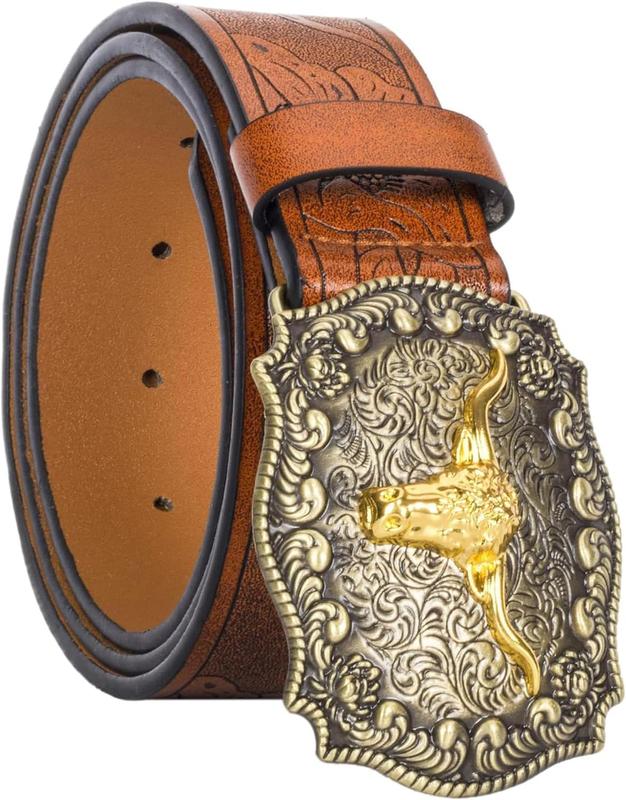 Women Western Cowboy BeltMen Country Cowgirl BeltPU Leather Longhorn Bull Turquoise Belt Embossed Buckle Belt for Jeans Pants Dresses(Fit for  34