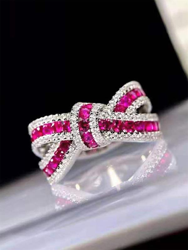 Women's Elegant Rhinestone Decor Bowknot Design Ring, Luxury Exquisite Trendy Engagement Ring, Chic Gorgeous Jewelry As Birthday Gift for Girlfriend