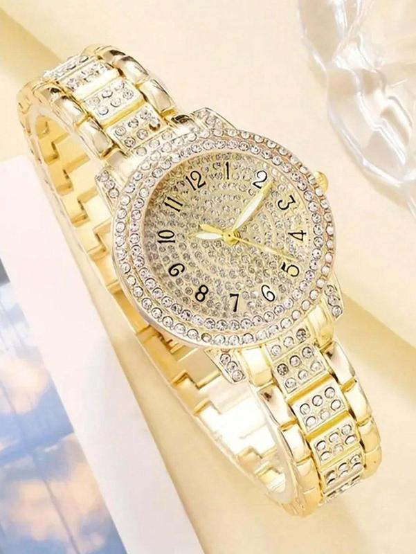 6PCS Set Fashionable Women's Quartz Luxury Watch Set - Full Crystal Digit Bracelet Wristwatch with 5 Accessories Included for Stylish Looks