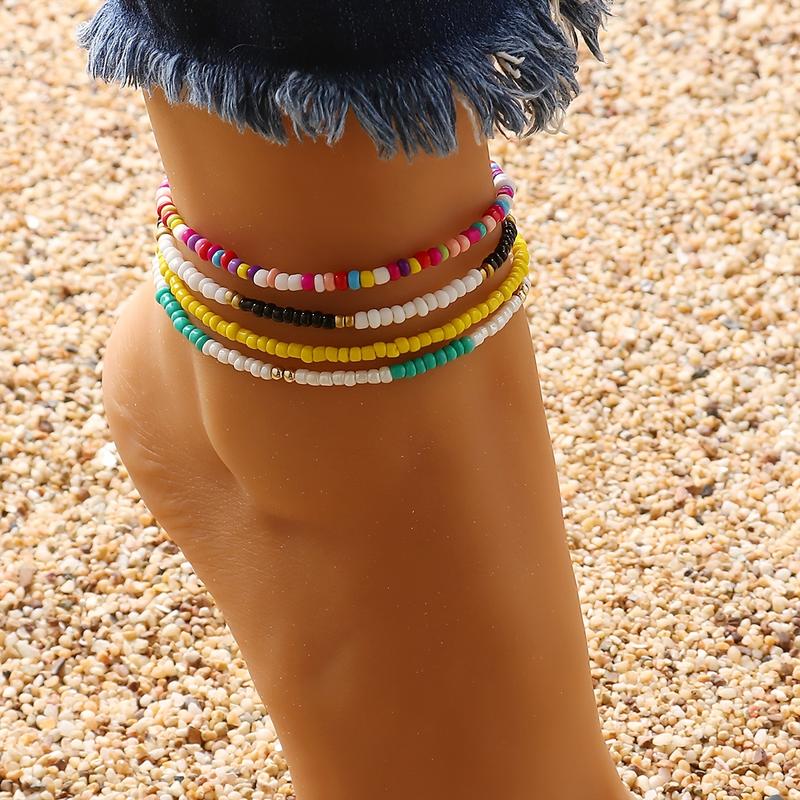 4 PCs Beaded Ankle Bracelet Colorful Bead Adjustable Anklet Chain Suit Bohemian Jewelry Summer Beach Decoration