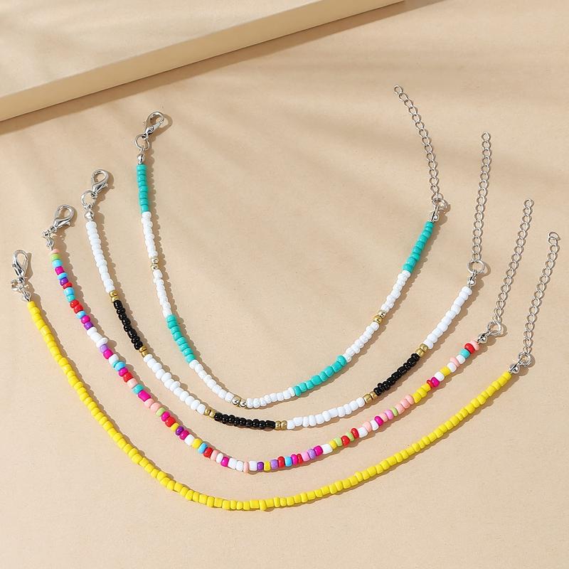 4 PCs Beaded Ankle Bracelet Colorful Bead Adjustable Anklet Chain Suit Bohemian Jewelry Summer Beach Decoration