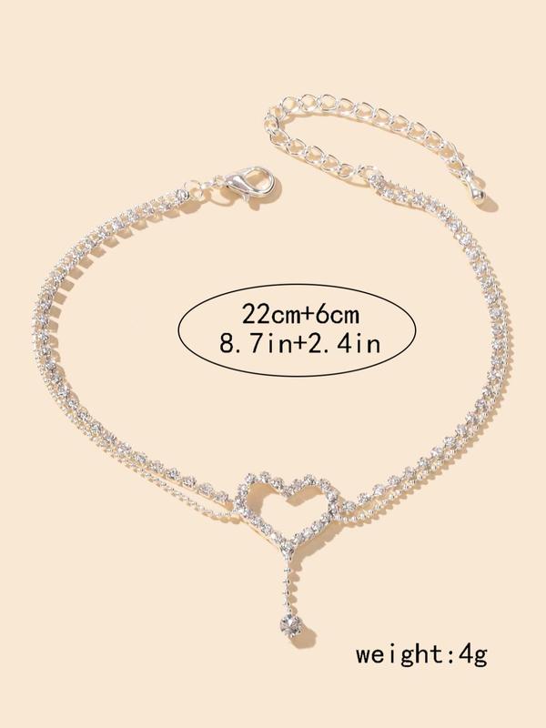 Rhinestone Heart Decorated Double Layer Anklet for Women, Foot Jewelry for Summer Beach, Exquisite Anklet for Birthday Gifts