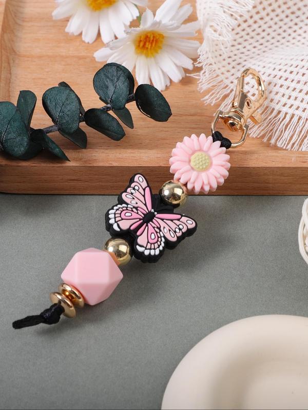 Cute Butterfly & Flower Design Beaded Keychain, Fashionable Silicone Beaded Keychain for Women & Girls, Trendy All-match Keychain for Birthday Gift