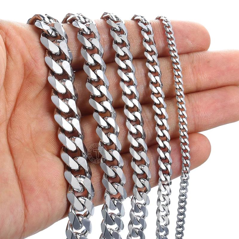 Hermah 3 5 7 9 11mm Silver Bracelet for Men Women Stainless Steel Curb Cuban Link Chain Bracelet 7inch-10inch