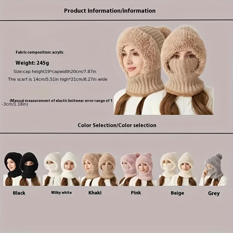 Womens Knit Beanie Hat Fleece Lined Winter Scarf Mask SetCaps Plush Earmuff  Hats with Pompom